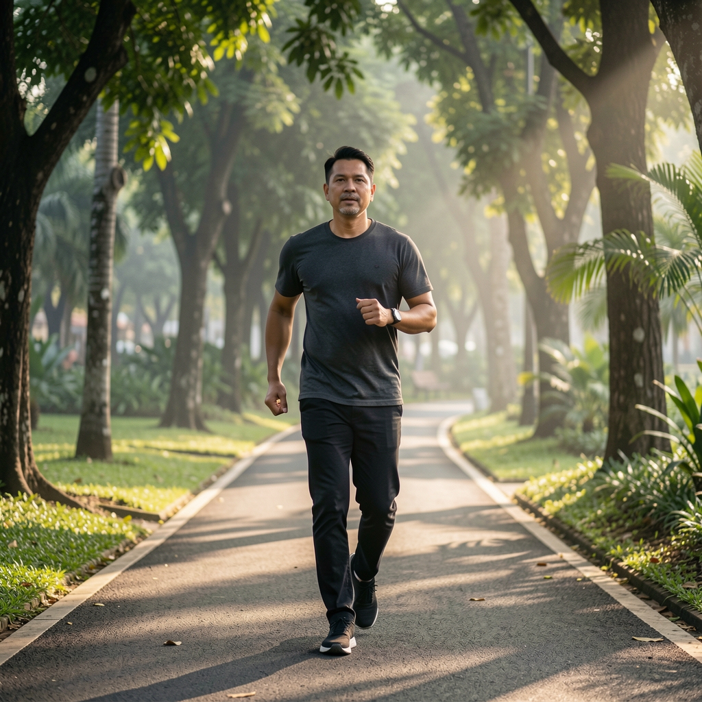 Fit Indonesian man over 35 walking briskly along a shaded Jakarta park path in early morning light