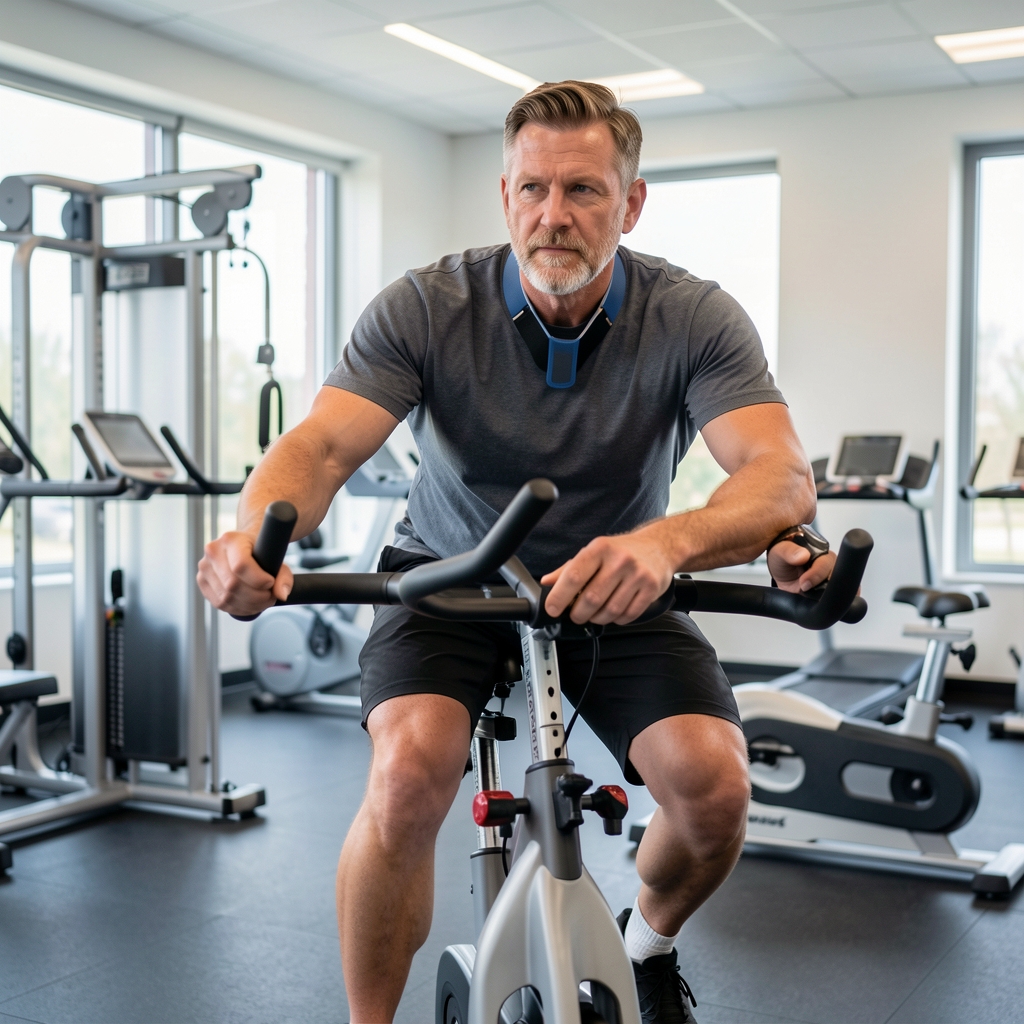 Man over 35 using a stationary bike with chest strap in a modern exercise physiology lab