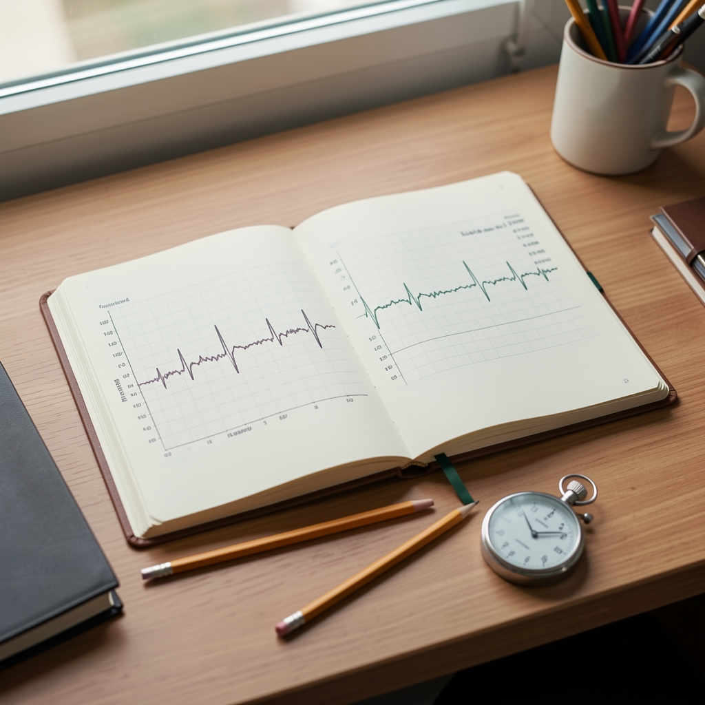 Open research notebook, heart-rate chart, stopwatch, and pencil arranged on an editorial desk