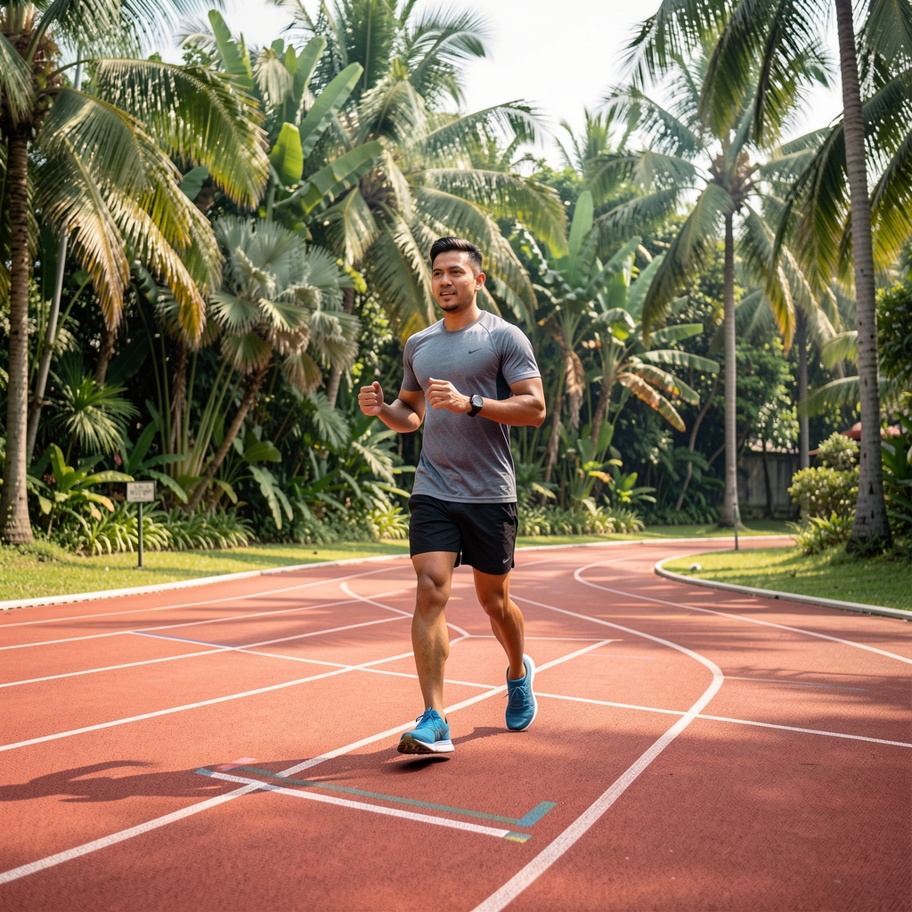 Mature Indonesian man completing a measured outdoor running field test beside tropical greenery in Jakarta