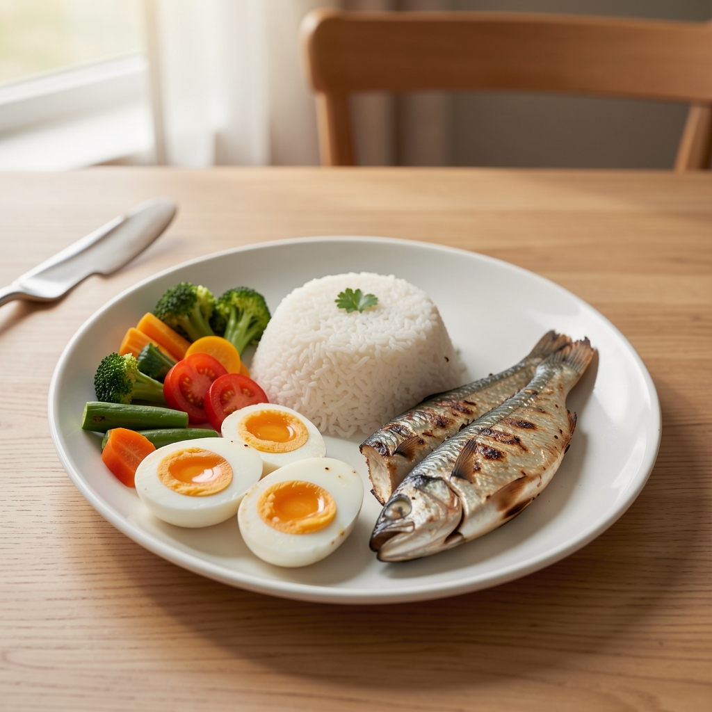Balanced Indonesian meal with rice vegetables eggs and grilled fish arranged on a simple dining table