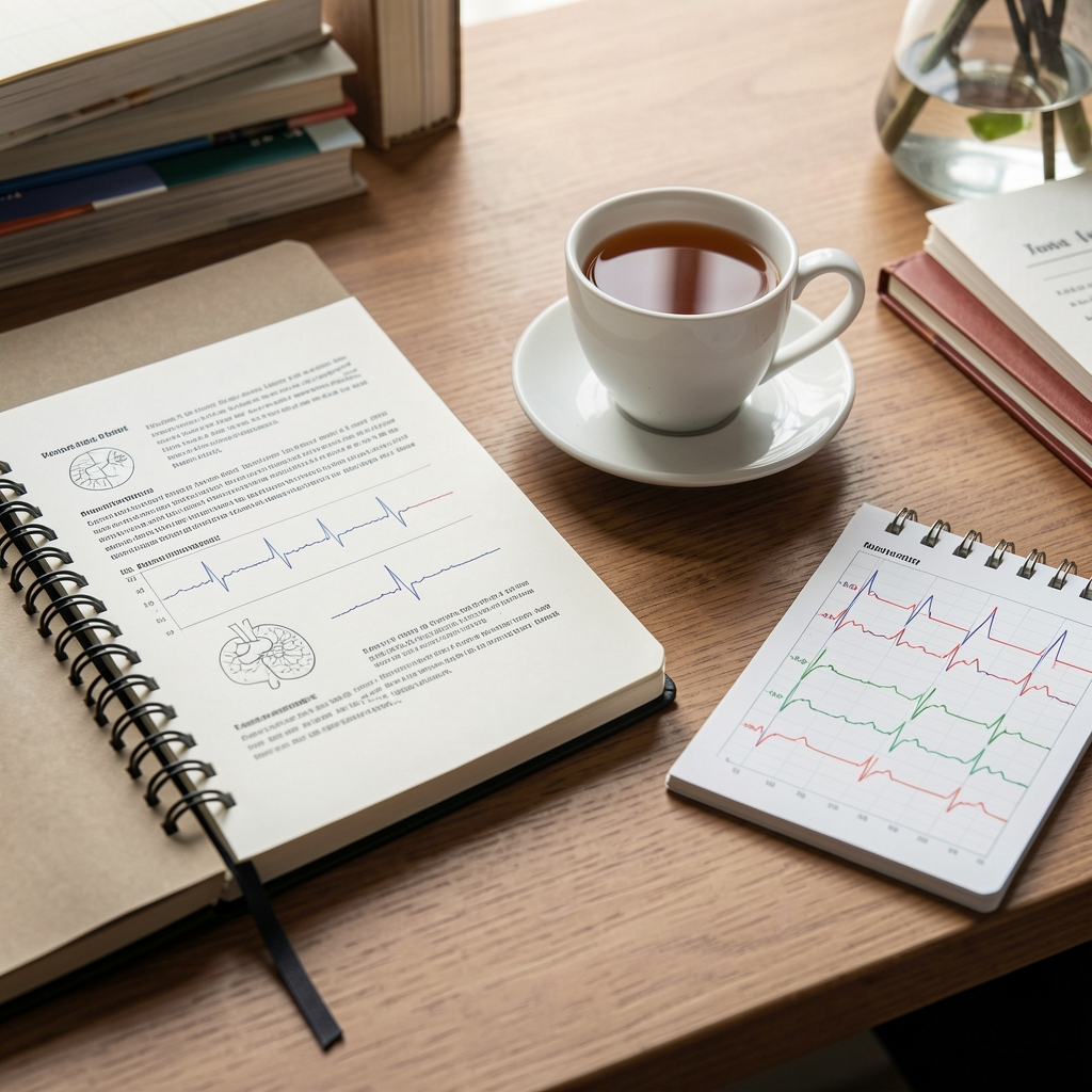 Editorial desk with physiology papers notebook and heart-rate chart beside a cup of tea