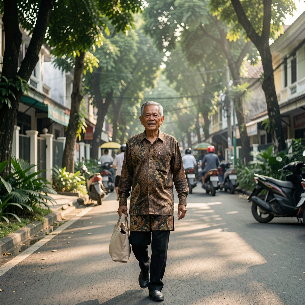 Active older Indonesian man carrying a light bag through a leafy Jakarta neighborhood in morning light