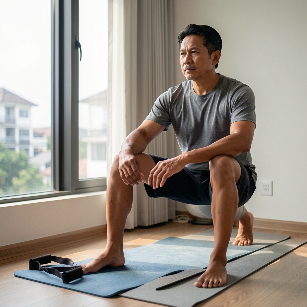 Middle-aged Indonesian man practicing hip mobility beside a window with a yoga mat and resistance band