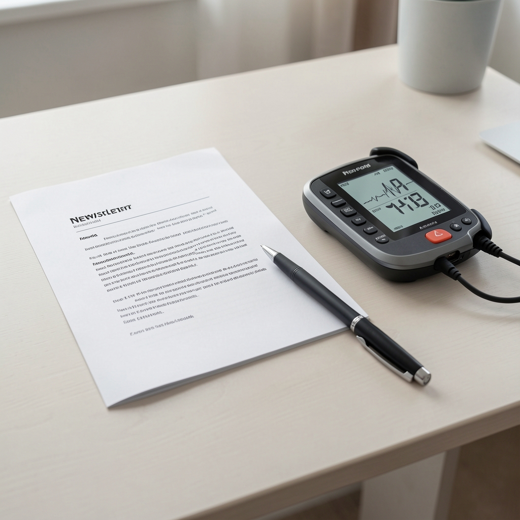Printed Kainos editorial newsletter notes beside a heart-rate monitor and black pen on a clean desk
