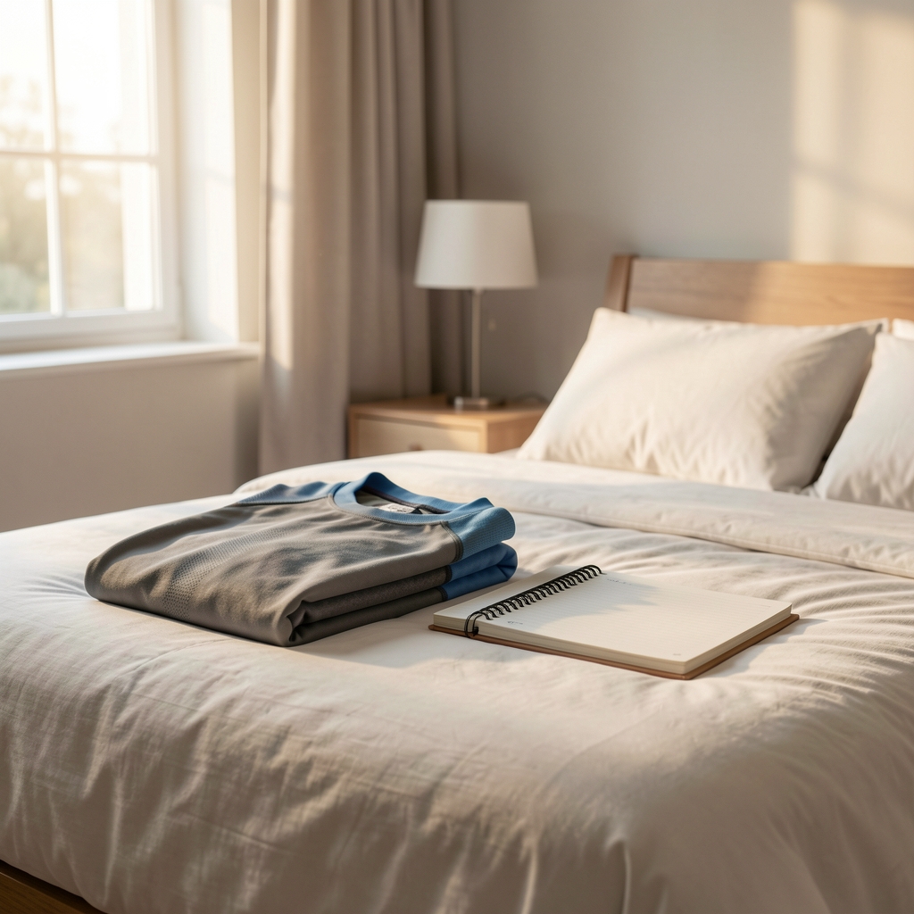 Quiet bedroom with morning light, folded training clothes, and a notebook used for recovery observations