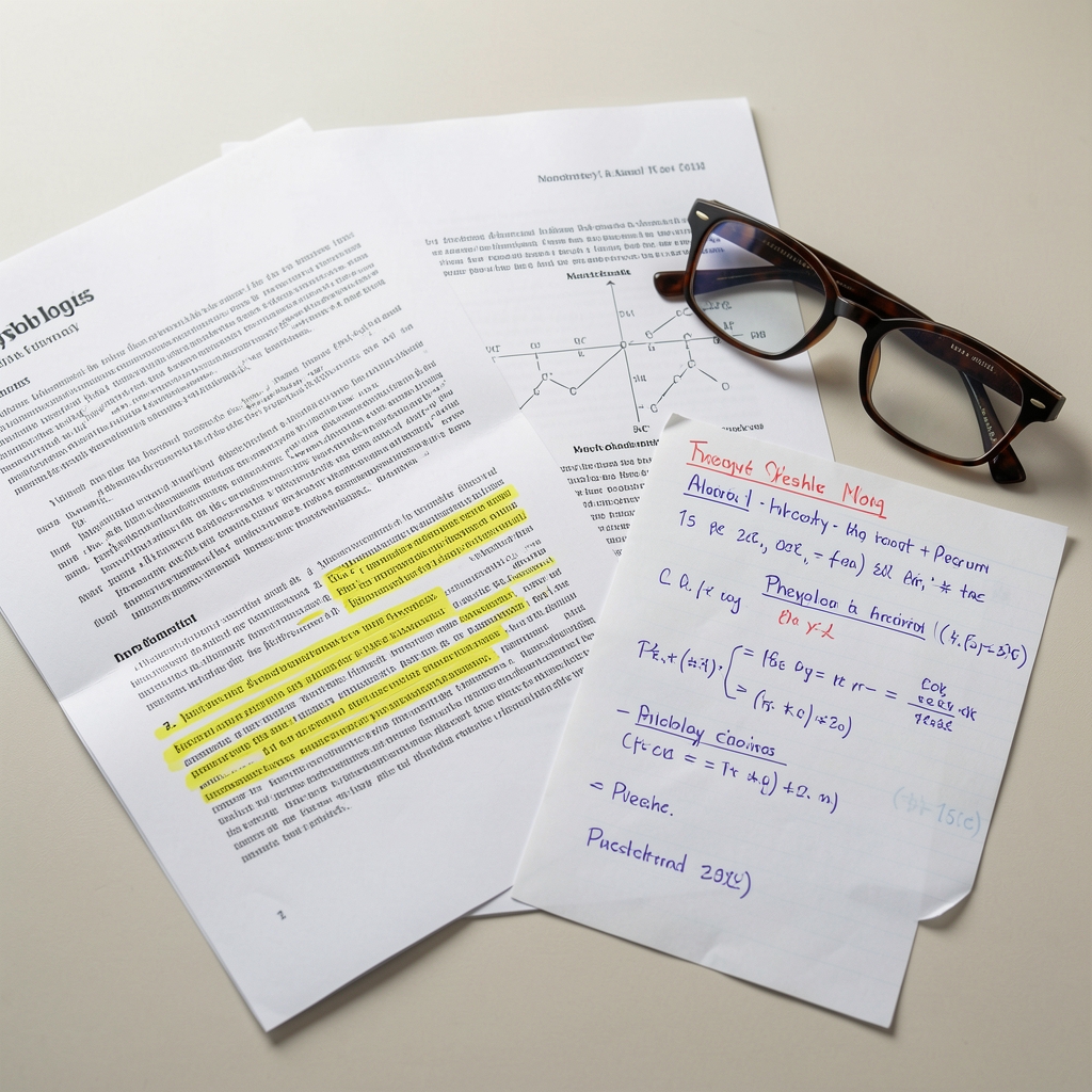 Printed scientific journal articles and highlighted physiology notes arranged beside reading glasses