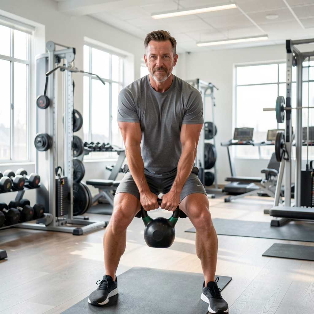 Man over 35 performing a controlled kettlebell movement in a bright functional training studio
