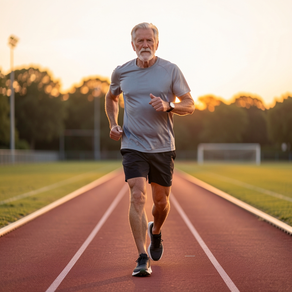 Older recreational athlete jogging on a red track under soft amber sunset light